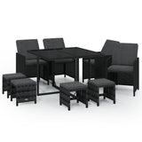 9 Piece Garden Dining Set with Cushions Poly Rattan Black - Front View