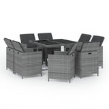9 Piece Garden Dining Set with Cushions Poly Rattan Grey - Front View