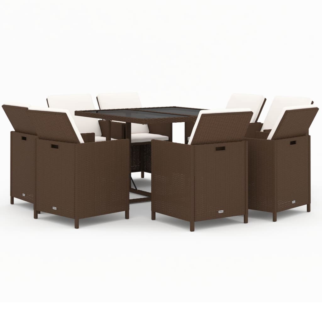 9 Piece Garden Dining Set with Cushions Poly Rattan Brown