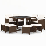 9 Piece Garden Dining Set with Cushions Poly Rattan Brown - Front View
