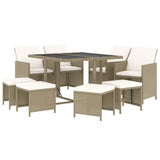 9 Piece Garden Dining Set with Cushions Poly Rattan Beige - Side View