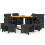 9 Piece Garden Dining Set with Cushions Poly Rattan Black - Front View