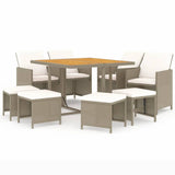 9 Piece Garden Dining Set with Cushions Poly Rattan Beige - Front View
