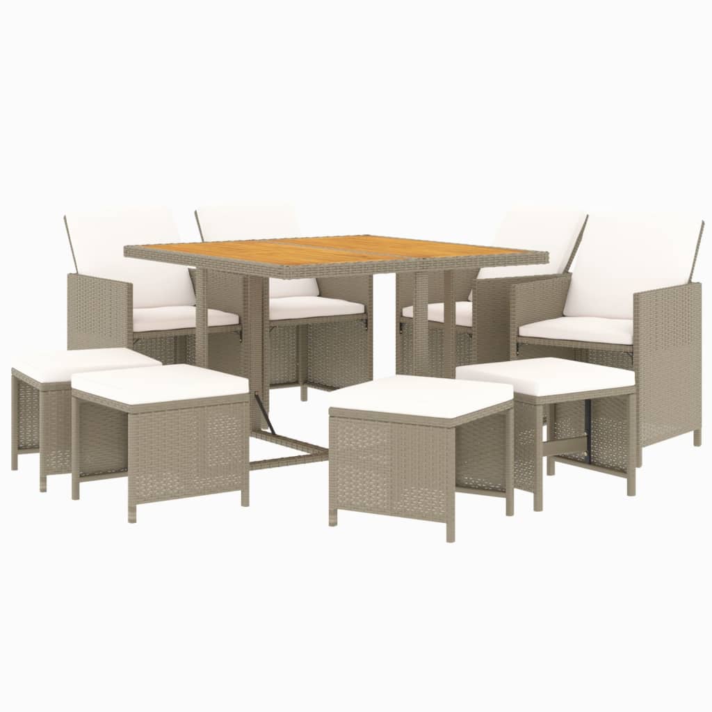 9 Piece Garden Dining Set with Cushions Poly Rattan Beige