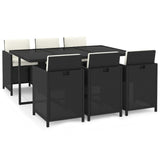 7 Piece Garden Dining Set with Cushions Poly Rattan Black - Front View