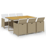 7 Piece Garden Dining Set with Cushions Poly Rattan Beige - Front View