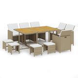 11 Piece Garden Dining Set with Cushions Poly Rattan Beige - Front View