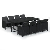 9 Piece Garden Dining Set with Cushions Poly Rattan Black - Front View