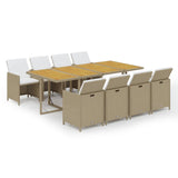 9 Piece Garden Dining Set with Cushions Poly Rattan Beige - Front View