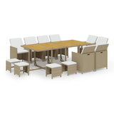 13 Piece Garden Dining Set with Cushions Poly Rattan Beige - Front View