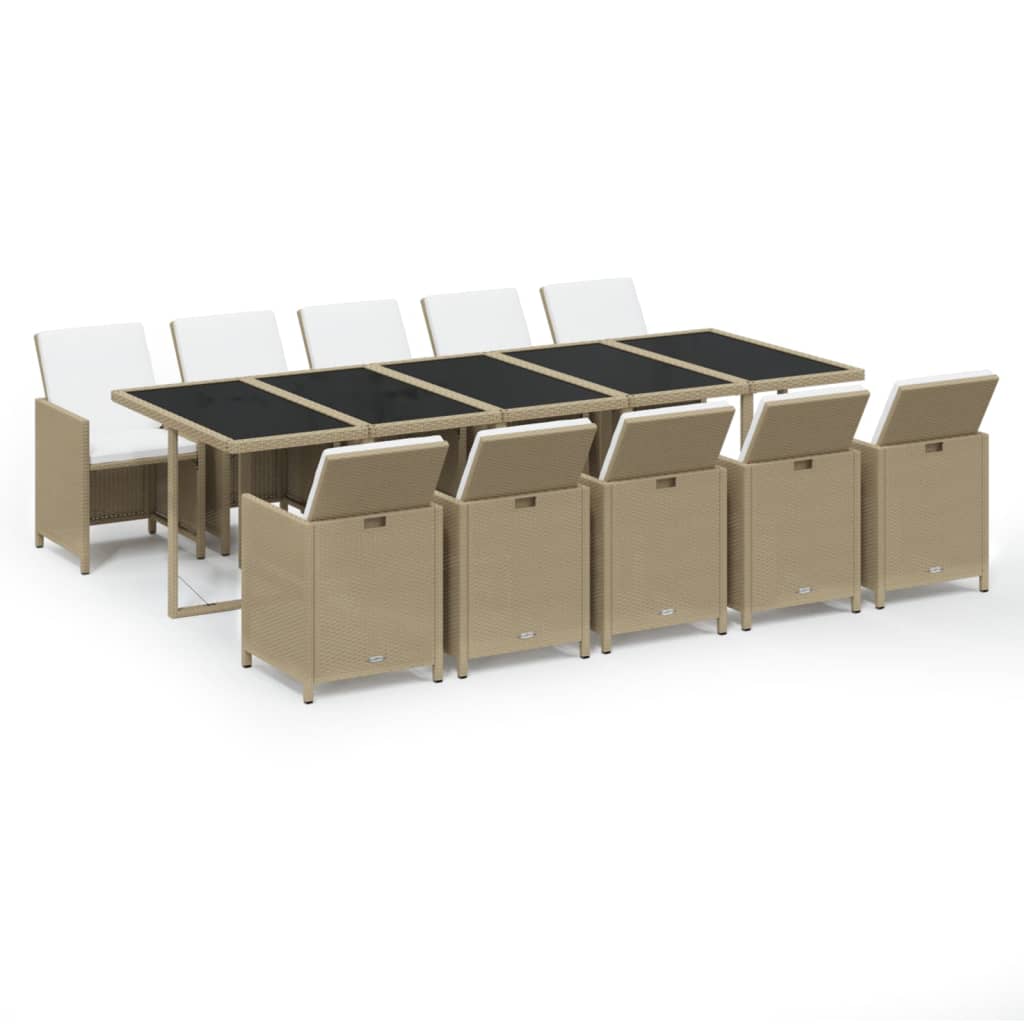 11 Piece Garden Dining Set with Cushions Poly Rattan Beige