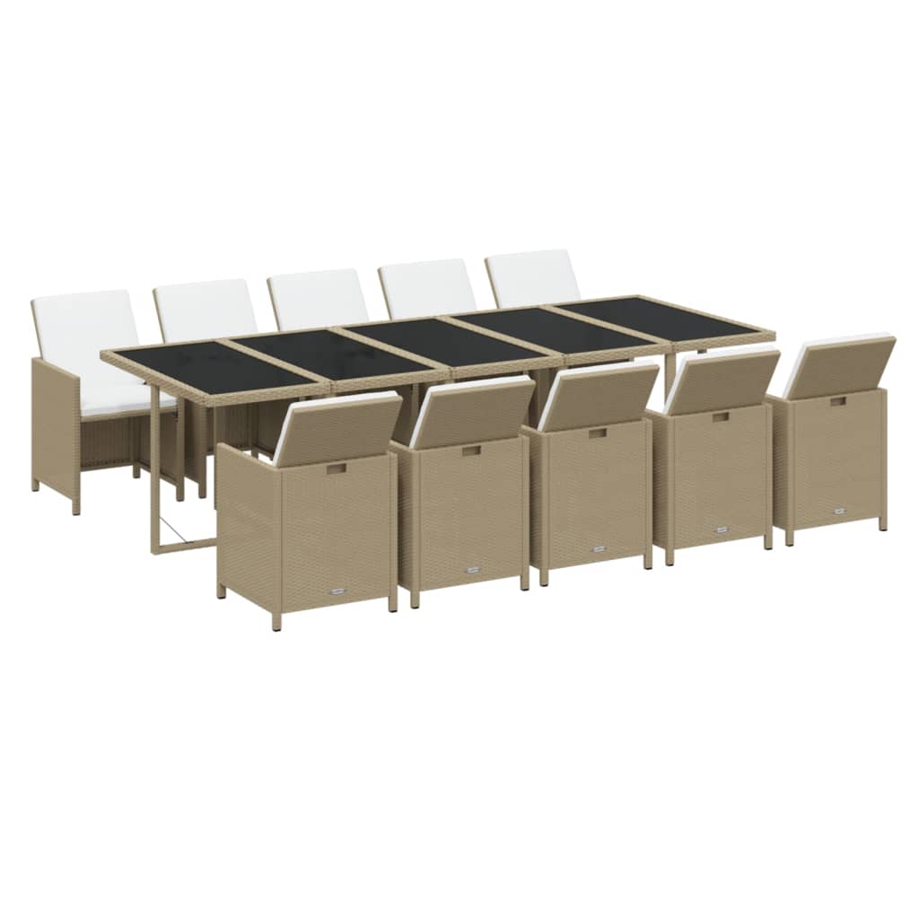 11 Piece Garden Dining Set with Cushions Poly Rattan Beige
