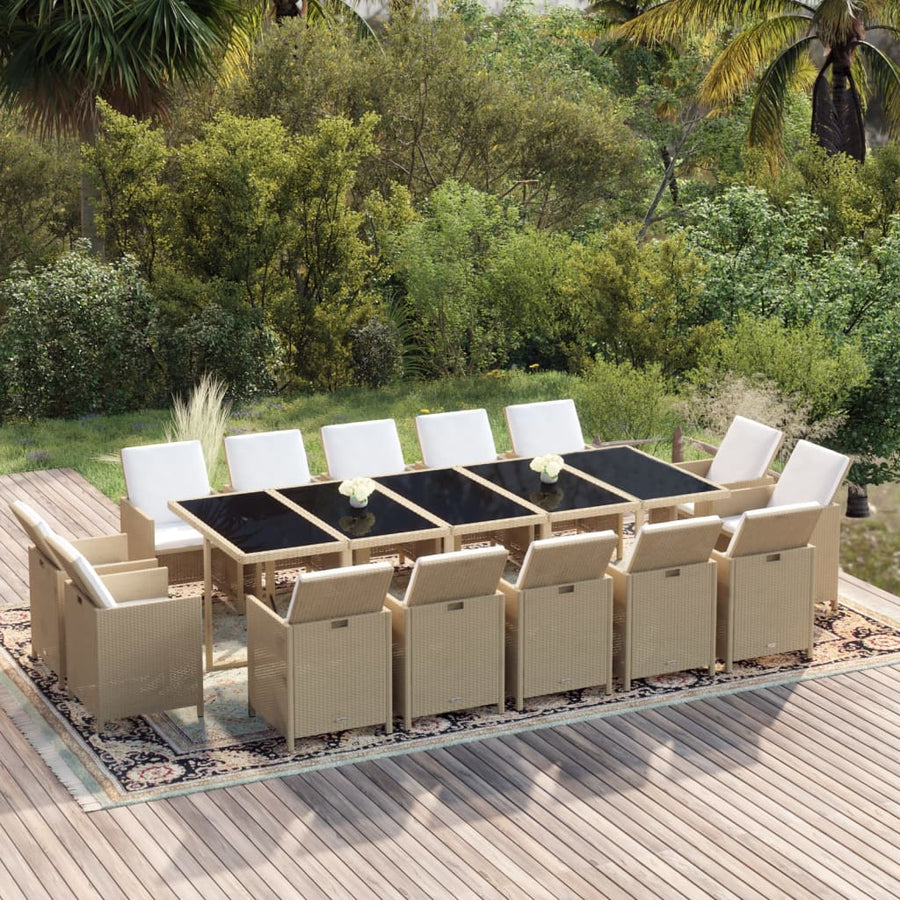 15 Piece Garden Dining Set with Cushions Poly Rattan Beige