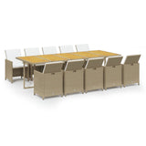 11 Piece Garden Dining Set with Cushions Poly Rattan Beige - Front View
