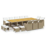 15 Piece Garden Dining Set with Cushions Poly Rattan Beige - Front View