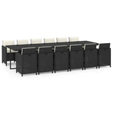 13 Piece Garden Dining Set with Cushions Poly Rattan Black - Front View