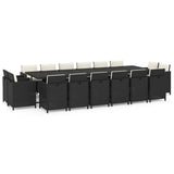 17 Piece Garden Dining Set with Cushions Poly Rattan Black - Front View