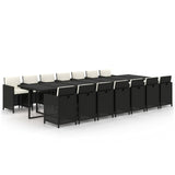 15 Piece Garden Dining Set with Cushions Poly Rattan Black - Front View