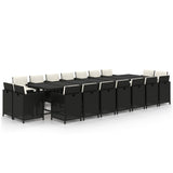 19 Piece Garden Dining Set with Cushions Poly Rattan Black - Front View