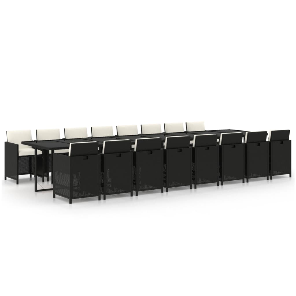 17 Piece Garden Dining Set with Cushions Black Poly Rattan