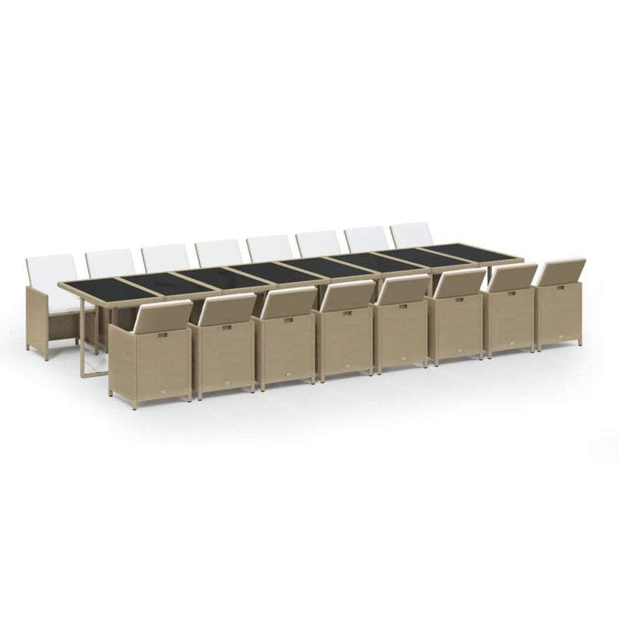 17 Piece Garden Dining Set with Cushions Beige Poly Rattan