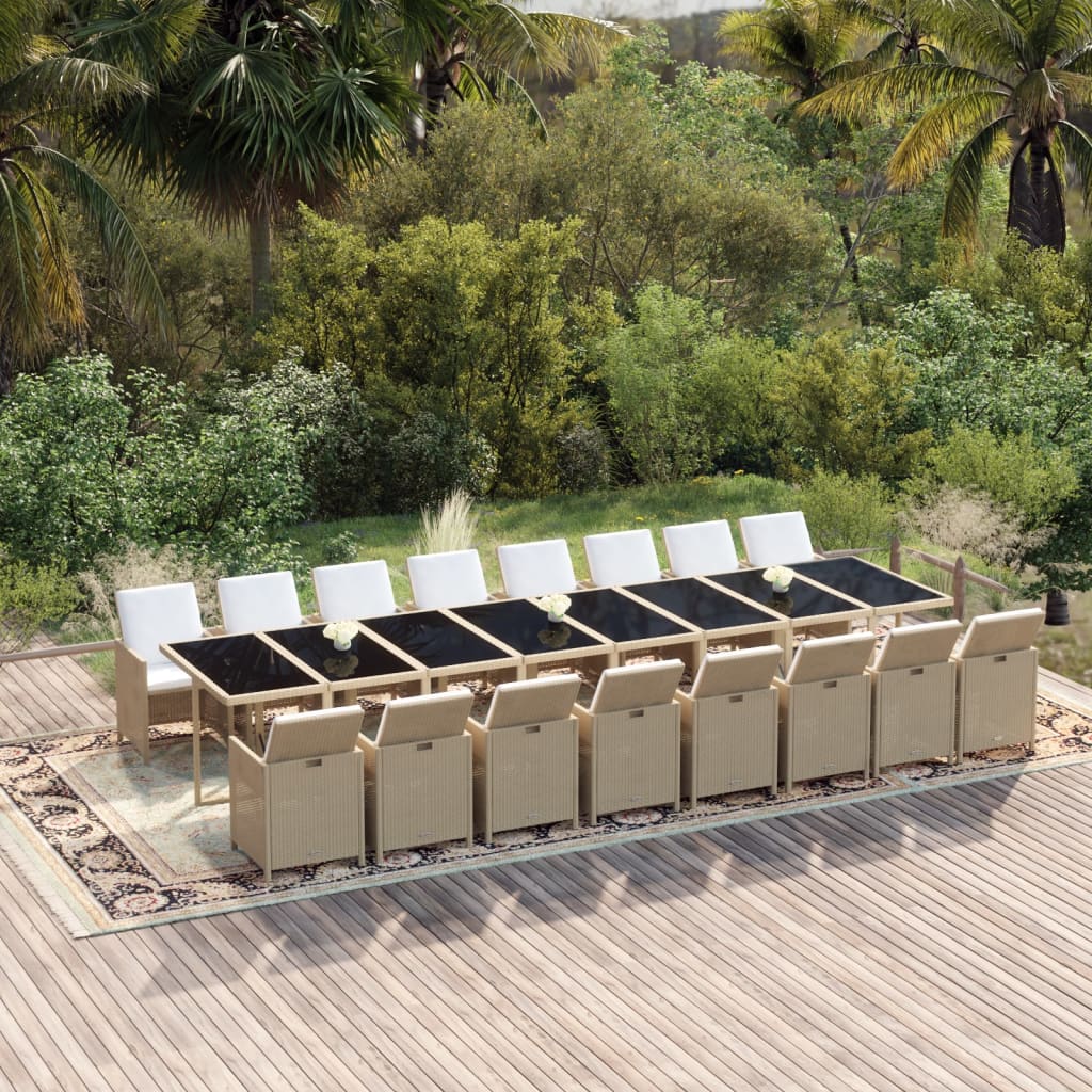 17 Piece Garden Dining Set with Cushions Beige Poly Rattan