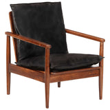 Armchair Black Real Leather and Solid Wood Acacia - Front View