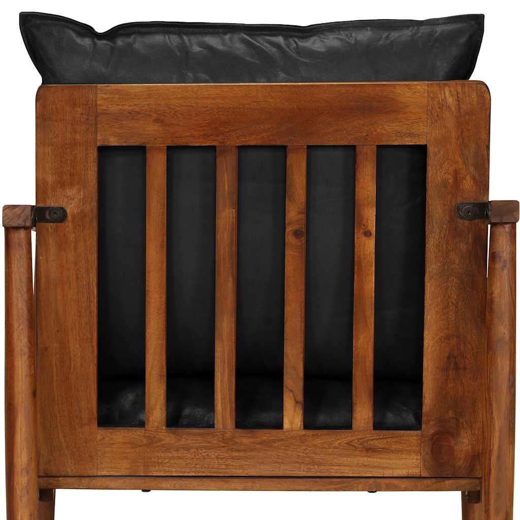 Armchair Black Real Leather and Solid Wood Acacia