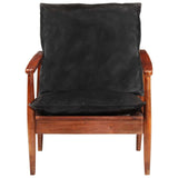 Armchair Black Real Leather and Solid Wood Acacia - Side View