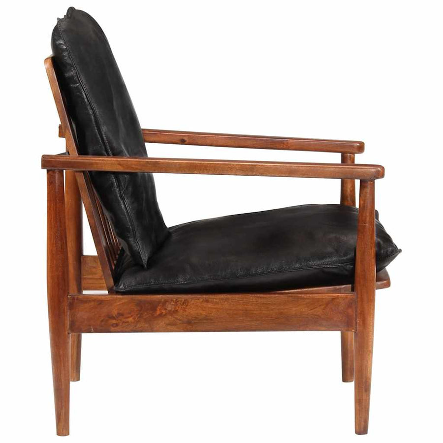 Armchair Black Real Leather and Solid Wood Acacia