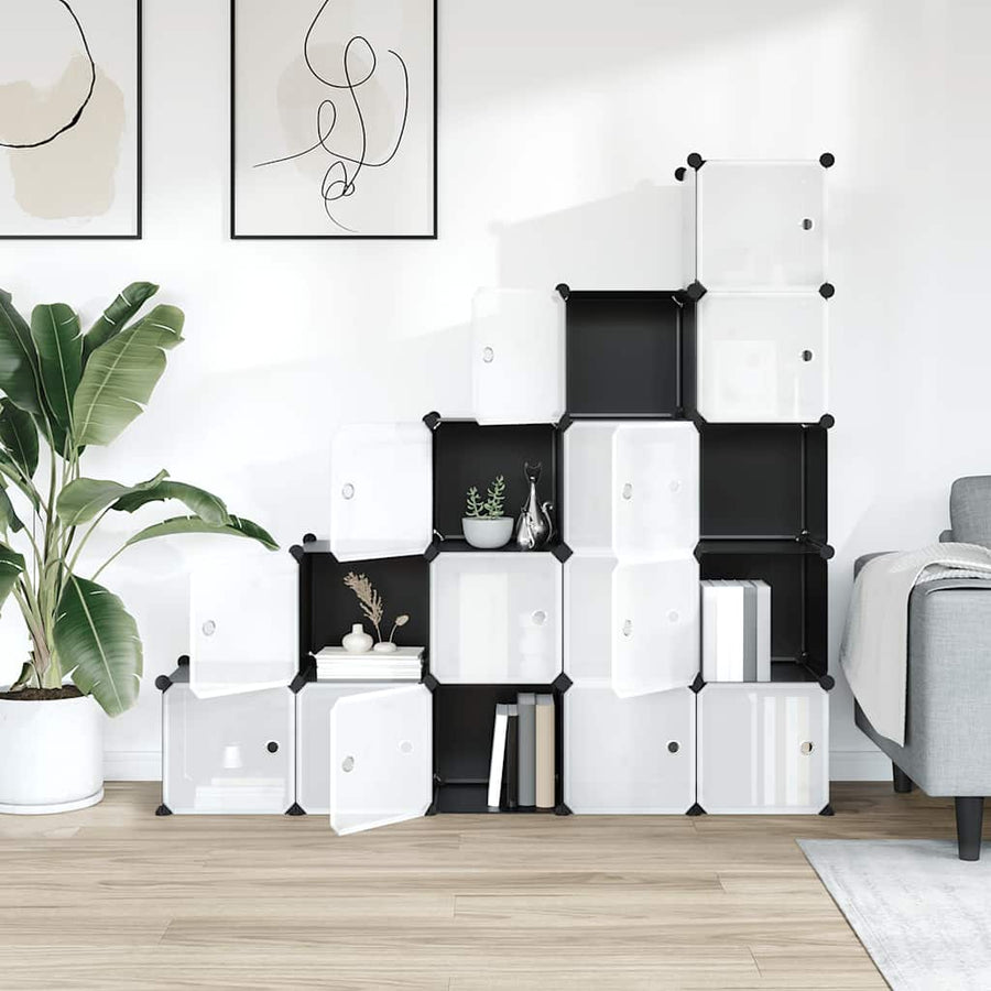 Storage Cube Organiser with 15 Cubes and Doors Black PP
