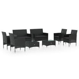 8 Piece Garden Lounge Set with Cushions Poly Rattan Black - Front View