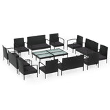 16 Piece Garden Lounge Set with Cushions Poly Rattan Black - Front View