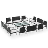 16 Piece Garden Lounge Set with Cushions Poly Rattan Black - Front View