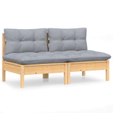 2-Seater Garden Sofa with Grey Cushions Solid Wood Pine - Front View