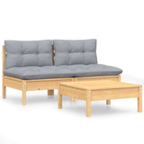 3 Piece Garden Lounge Set with Grey Cushions Pinewood - Front View