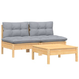 3 Piece Garden Lounge Set with Grey Cushions Pinewood - Side View