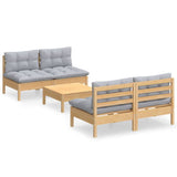 5 Piece Garden Lounge Set with Grey Cushions Pinewood - Front View