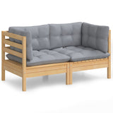 2-Seater Garden Sofa with Grey Cushions Solid Wood Pine - Front View