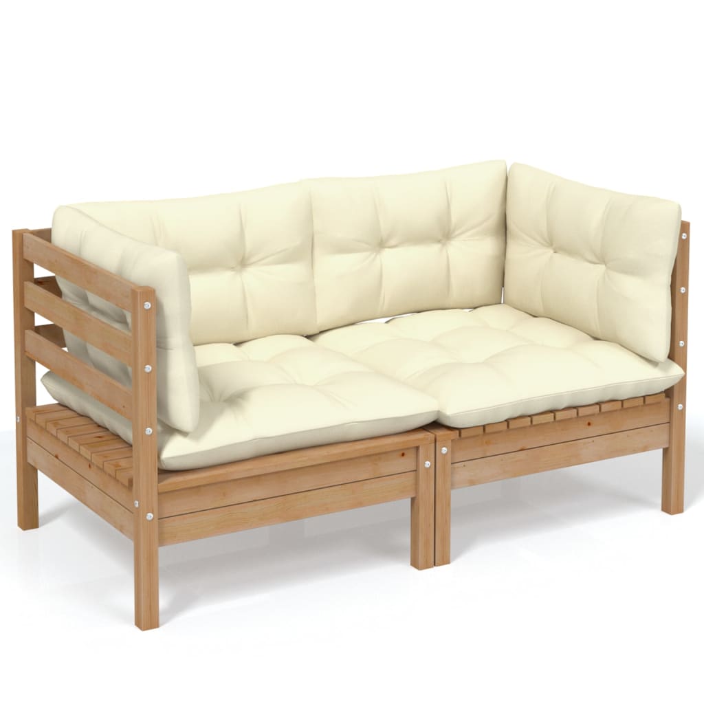 2-Seater Garden Sofa with Cream Cushions Solid Wood Pine