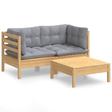 3 Piece Garden Lounge Set with Grey Cushions Pinewood - Front View