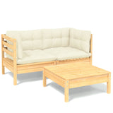 3 Piece Garden Lounge Set with Cream Cushions Pinewood - Front View
