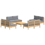 9 Piece Garden Lounge Set with Grey Cushions Pinewood - Side View
