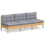 3-Seater Garden Sofa with Grey Cushions Solid Pinewood - Front View