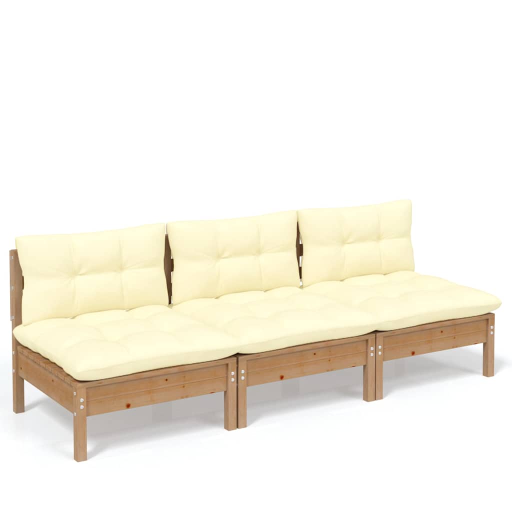 3-Seater Garden Sofa with Cream Cushions Solid Pinewood