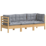 3-Seater Garden Sofa with Grey Cushions Solid Pinewood - Side View