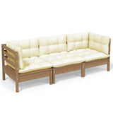 3-Seater Garden Sofa with Cream Cushions Solid Pinewood