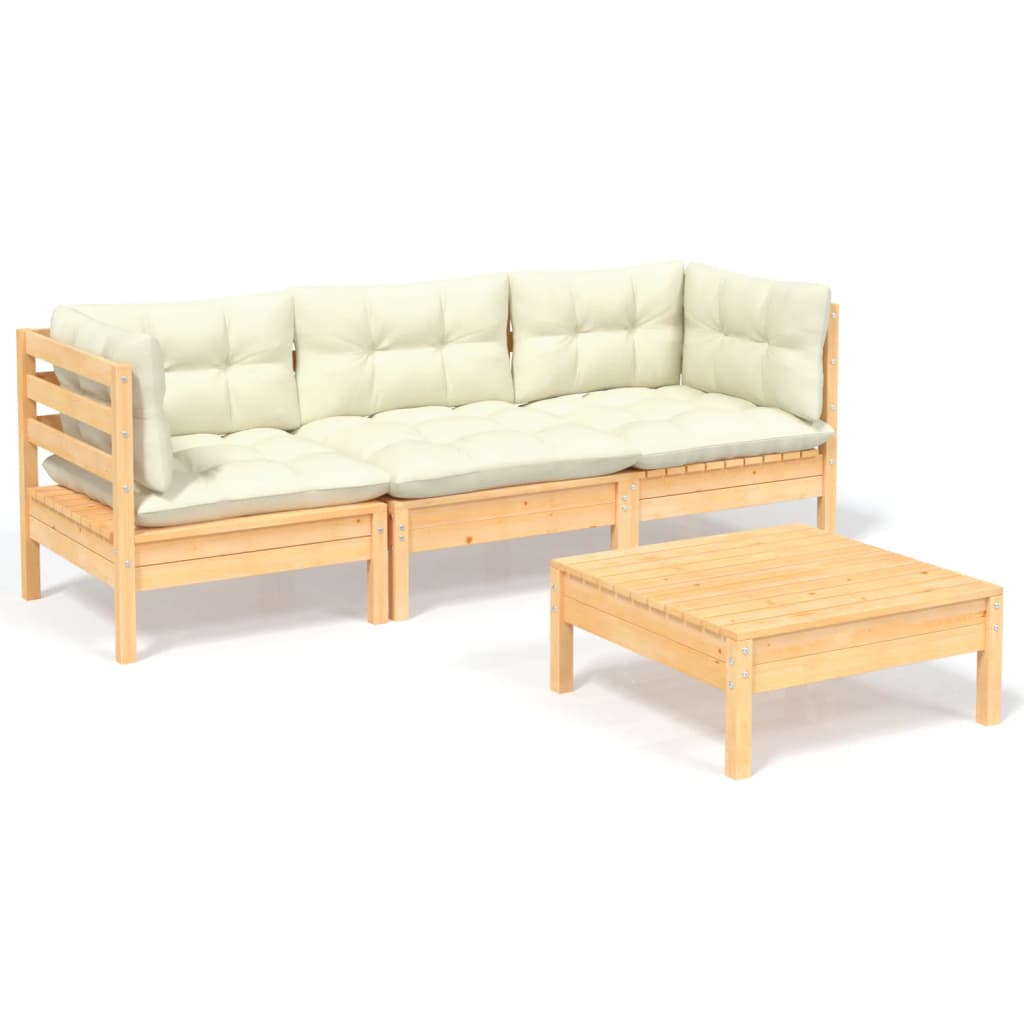 4 Piece Garden Lounge Set with Cream Cushions Pinewood