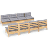 9 Piece Garden Lounge Set with Grey Cushions Solid Pinewood - Front View