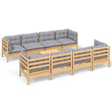 9 Piece Garden Lounge Set with Grey Cushions Solid Pinewood - Front View